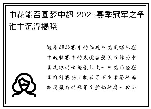 申花能否圆梦中超 2025赛季冠军之争谁主沉浮揭晓 申花能否圆梦中超 2025赛季冠军之争谁主沉浮揭晓
